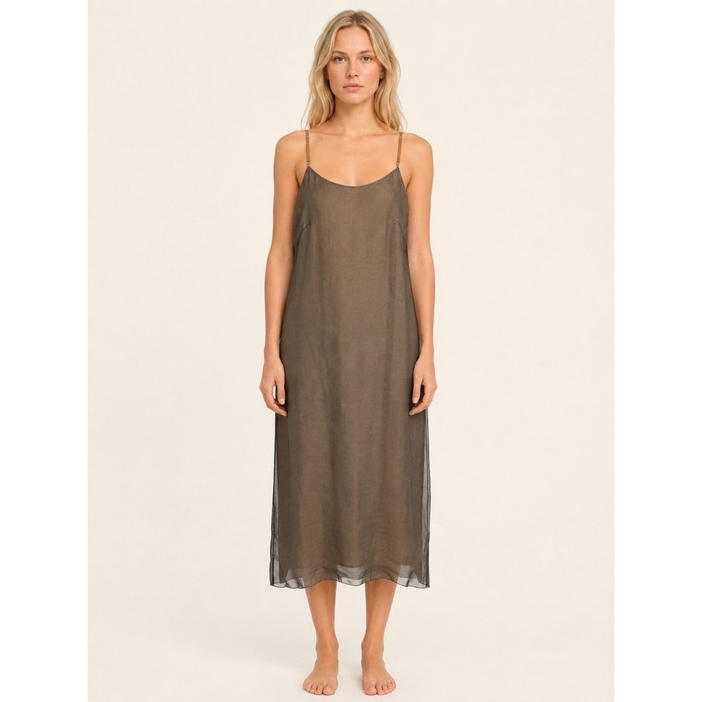 BIYAN Silk Slip Dress Women size  Small Black Sheer Overlay Spaghetti Strap Midi